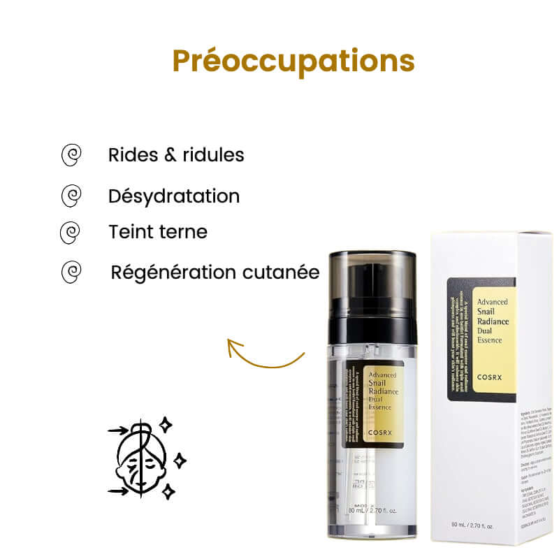 Serum visage hydratant COSRX Advanced Snail Radiance essence in a sleek bottle with benefits listed.