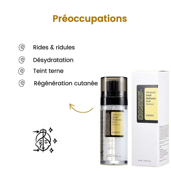 Serum visage hydratant COSRX Advanced Snail Radiance essence in a sleek bottle with benefits listed.