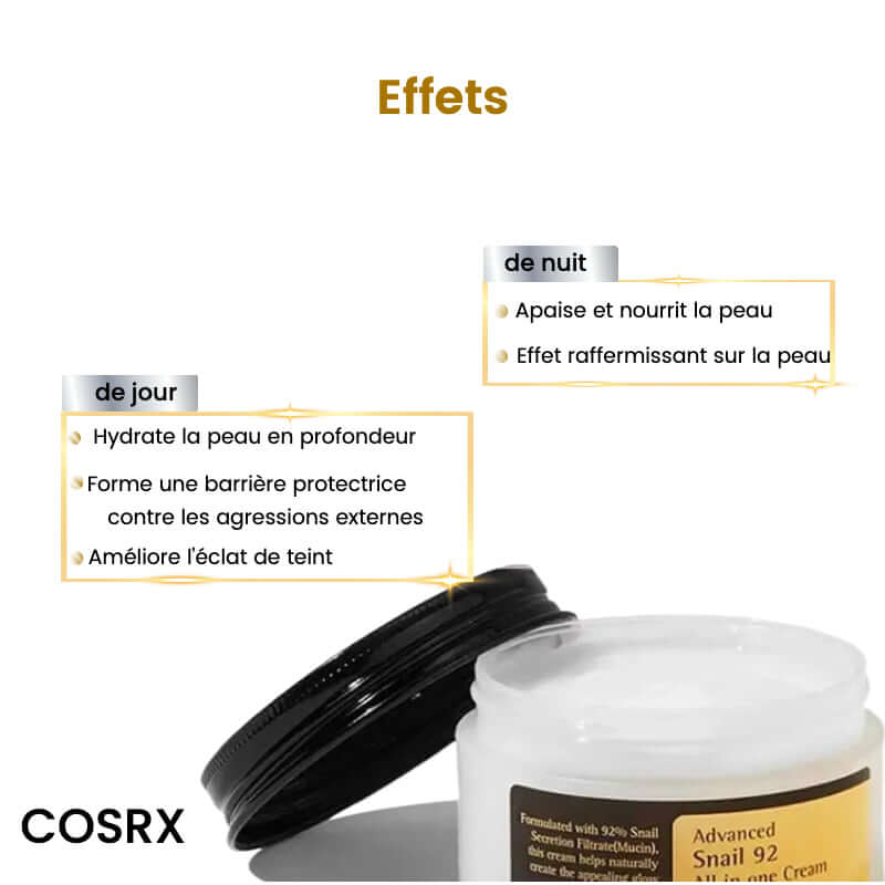Crème visage hydratante COSRX avec bave d'escargot, effets jour et nuit, hydratation et protection de la peau.